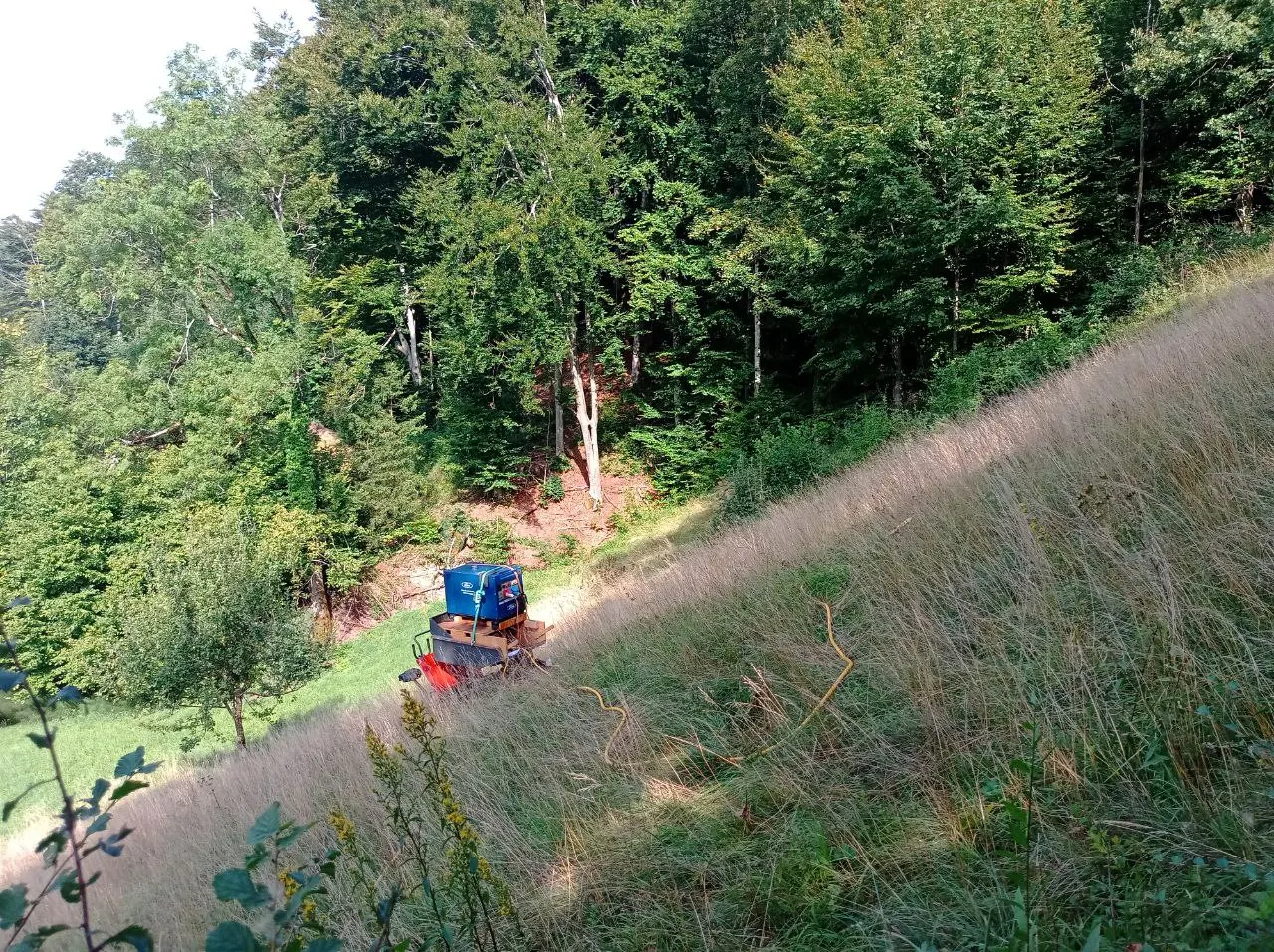 Elektroherbizid-Einsatz am Hang – Roth Bau & Garten Raupenfahrzeug mit Generator für Elektroherbizid an einem Waldhang in der Ostschweiz